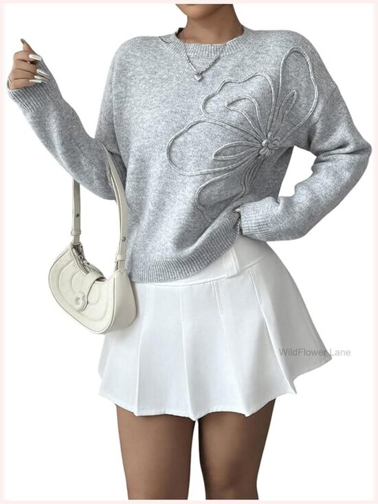 Sweaters - 3D Floral Appliques Crewneck Sweater Long Sleeve Drop Shoulder Pullover Knit Top